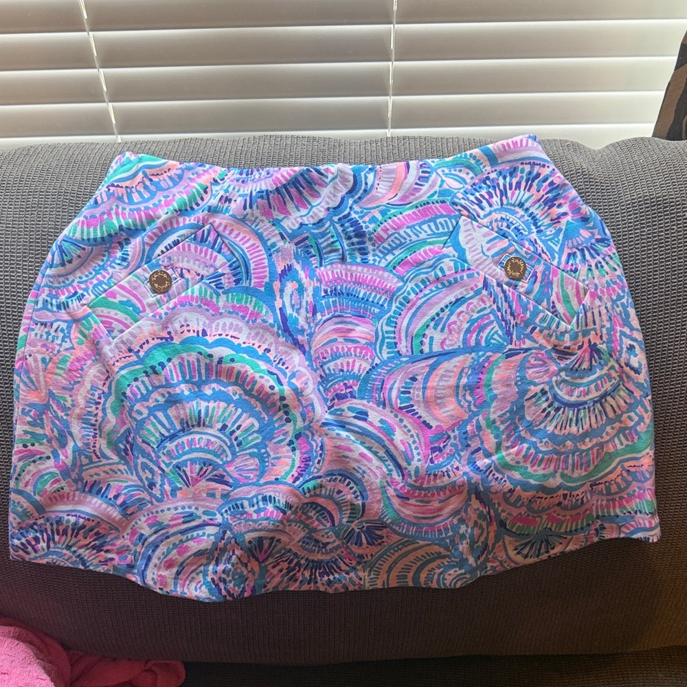 Lilly Pulitzer Pink, Blue & Green Scallop-Print Mini Skirt with Gold Buttons